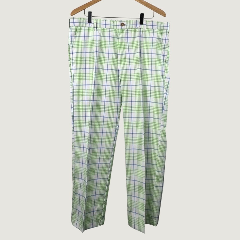 IZOD Golf Pants 34/29 Green Blue Plaid Straight Fit Sun Control Wicking NEW